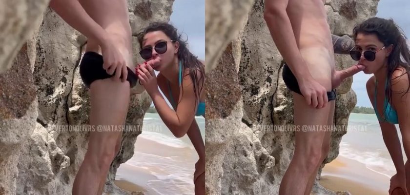 Natasha naturista mamando a piroca do namorado escondida na praia